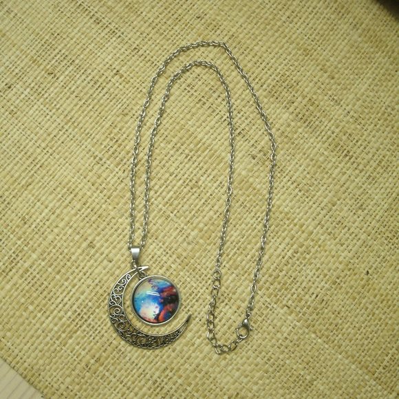 Crescent Moon with Nebula Cabochon Dangle Necklace - Picture 2 of 14